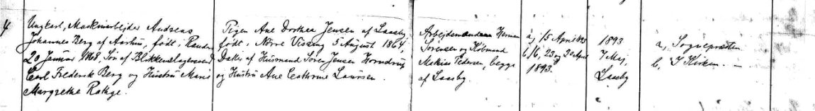 Udsnit af kirkebog, Vielse af Andreas Johannes Berg og Ane Dorthea Jensen